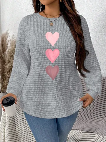 Women Waffle Texture Heart Print Pullover Sweatshirt Round Neck Long Sleeve Casual Top Arc Hem Knitted Sweatshirt