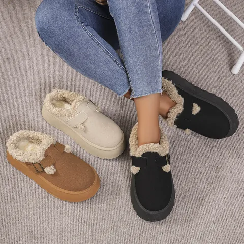 Women's Winter Thick Soled Furry Mules Slippers Warm Faux Suede Plush Lined Platform Snow Boots Slip On Outdoor Indoor Shoes