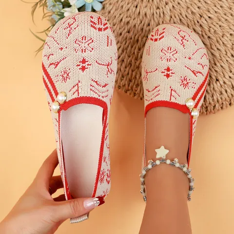 Mocasines de Gamuza para Mujer Cómodos Transpirables Bloques de Color Planos Sin Cordones Con Perla Artificial Zapatos Casuales para Navidad