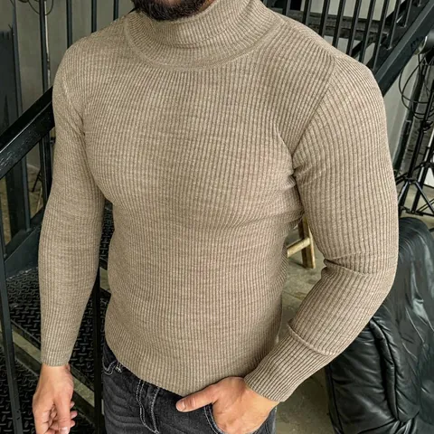 Men Slim Fit Ribbed Turtleneck Sweater Acrylic Solid Color Long Sleeve Muscle Knit Pullover Top For Autumn Winter