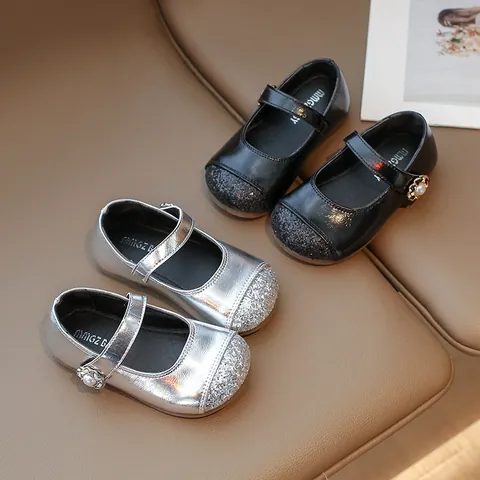 Girl Mary Jane Princess Shoes Shiny Glitter Artificial Pearl Flower Soft Sole Toddler Flats Dress Shoes For Spring Autumn