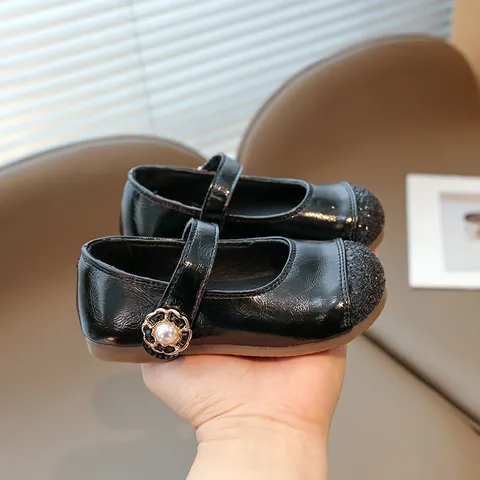 Girl Mary Jane Princess Shoes Shiny Glitter Artificial Pearl Flower Soft Sole Toddler Flats Dress Shoes For Spring Autumn