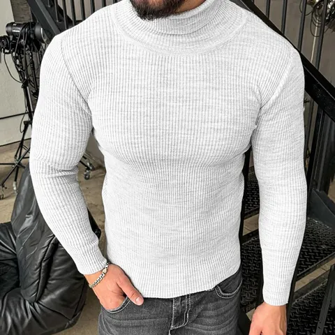 Men Slim Fit Ribbed Turtleneck Sweater Acrylic Solid Color Long Sleeve Muscle Knit Pullover Top For Autumn Winter