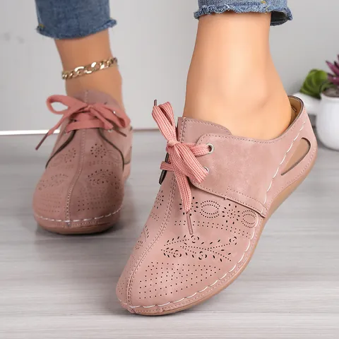 Women Casual Wedge Sandals Closed Toe Lace Up Hollow Out PU Leather Sandals For Daily Summer Leisure Outdoor Fashion Slippers