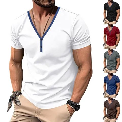 Maglietta da Uomo Slim Fit Scollo a V Henley Bordo a Contrasto Manica Corta Casual Sportiva Top in Poliestere per Ogni Giorno