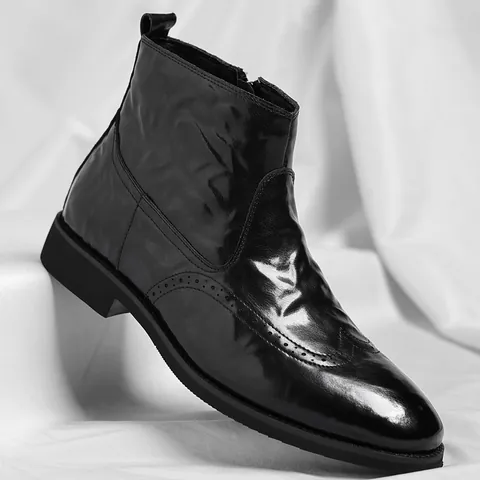Stivaletti Chelsea da Uomo Vintage Britannico Intaglio Brogue Trama Increspata Cerniera Laterale Invernali Caldi Casual