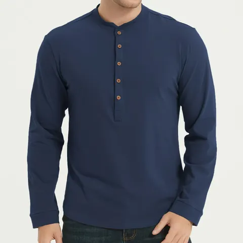 Men's Casual 100% Cotton Long Sleeve Henley T-Shirt Slim Fit Solid Color Five Button Placket Curved Hem Basic Tee Top