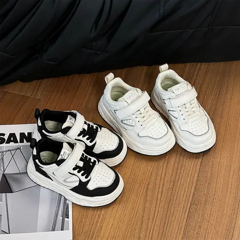 Scarpe da Skate Casual per Bambini Ragazzi e Ragazze Primavera Autunno Velcro Suola Spessa Sneakers in Pelle Microfibra Antiscivolo Scarpe Bianche