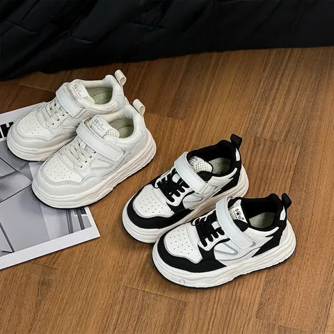 Scarpe da Skate Casual per Bambini Ragazzi e Ragazze Primavera Autunno Velcro Suola Spessa Sneakers in Pelle Microfibra Antiscivolo Scarpe Bianche