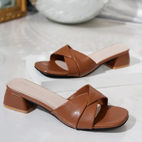 Sandalias de Mujer Retro de Punta Cuadrada con Tacón de Bloque de Cuero de Microfibra con Correa Cruzada Pantuflas Minimalistas de Verano