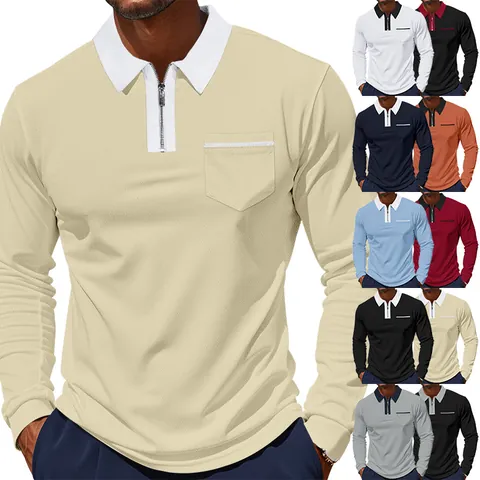 Men's Long Sleeve Polo Shirt British Style Zipper Plaid Quick Dry Breathable Golf Polo Shirt Polyester Casual Top For Men