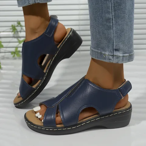 Women's Summer Casual Roman Sandals Cut-out Stitching Open Toe Wedge Sandals Hook-and-loop Comfort Walking Shoes Plus Size