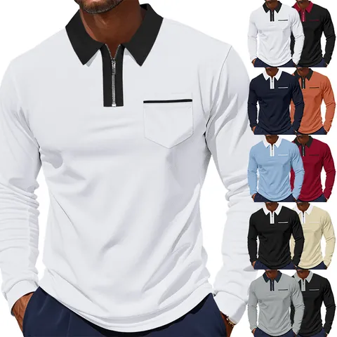 Men Long Sleeve Polo Shirt Quick Dry Breathable Zip Front British Style Casual Color Block Contrast Collar Top