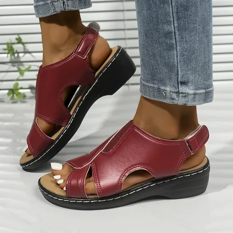 Women's Summer Casual Roman Sandals Cut-out Stitching Open Toe Wedge Sandals Hook-and-loop Comfort Walking Shoes Plus Size