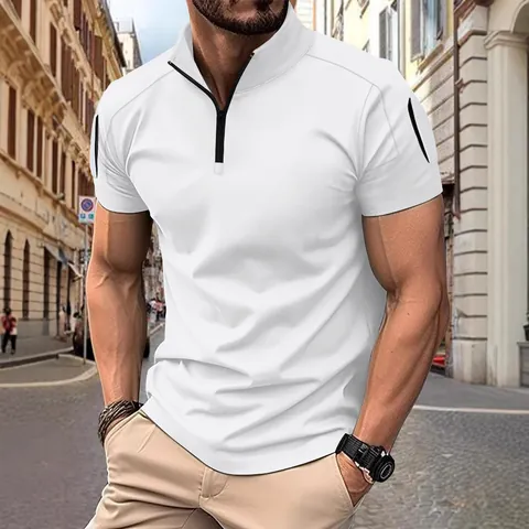 Men Tactical Casual Polo Shirt Stand Collar 1/4 Zipper Splicing Arm Pocket Solid Color Breathable Summer Short Sleeve Top