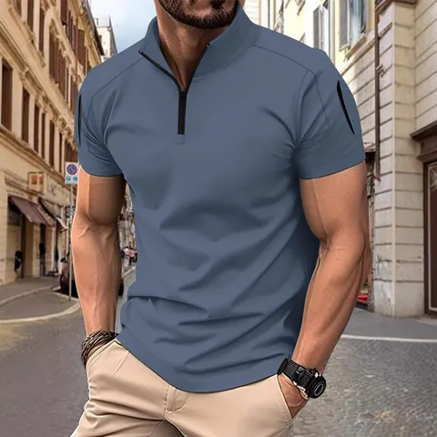 Men Tactical Casual Polo Shirt Stand Collar 1/4 Zipper Splicing Arm Pocket Solid Color Breathable Summer Short Sleeve Top