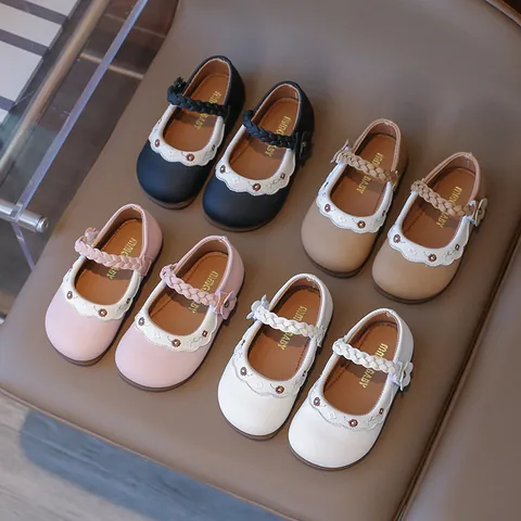 Kleinkind Mädchen Mary Jane Schuhe PU Leder Stickerei Blume Weiche Sohle Prinzessin Flache Schuhe Geflochtener Riemen Klettverschluss