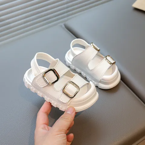 Kids Summer Korean Style Open Toe Sandals Breathable Beach Shoes PU Leather Hook And Loop Casual Soft Sole Sandals For Boys Girls