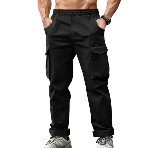 Men Tactical Cargo Pants Outdoor Casual Running Jogger Pants Solid Color Polyester Woven Bottom For Adult Male