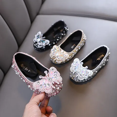 Mädchen Prinzessin Schuhe Strass Schmetterling Perle Kleiderschuhe Kinder Hochzeit Party Tanz Flache Lederschuhe