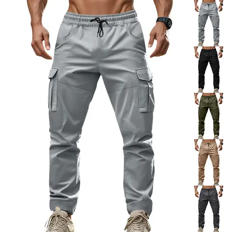 Men Tactical Cargo Pants Outdoor Casual Running Jogger Pants Solid Color Polyester Woven Bottom For Adult Male