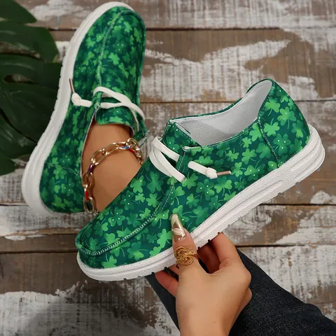 Women Canvas Shoes Clover Print Shamrock Flat Casual Shoes Breathable Low Top Lace Up Sneakers St Patrick Day Gift