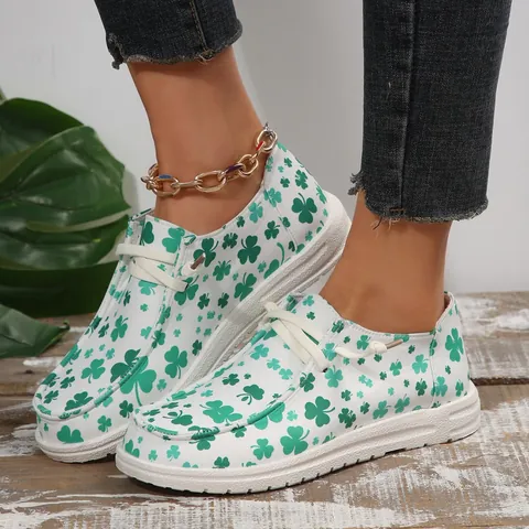 Women Canvas Shoes Clover Print Shamrock Flat Casual Shoes Breathable Low Top Lace Up Sneakers St Patrick Day Gift