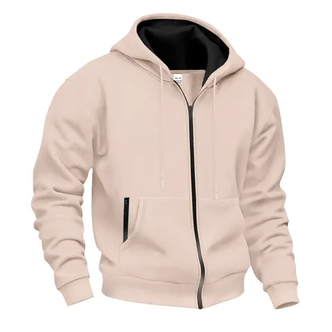 Men's Casual Fleece Lined Hooded Sweatshirt Winter Warm Solid Color Long Sleeve Full Zip Hoodie With Functional Pocket