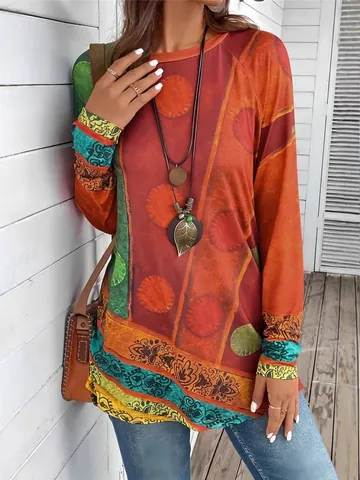 Damen Ethno-Stil Kontrastfarbe Langarm Top Retro Boho Blumen Geometrisch Bedruckt Rundhals Lässig Regulär T-Shirt