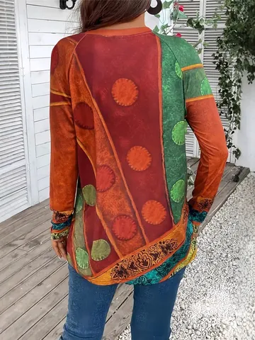 Damen Ethno-Stil Kontrastfarbe Langarm Top Retro Boho Blumen Geometrisch Bedruckt Rundhals Lässig Regulär T-Shirt