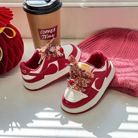 Toddler Winter First Walkers Fleece Lined Warm Sneakers Red White Color Block Embroidered Rhinestone Baby Walking Shoes