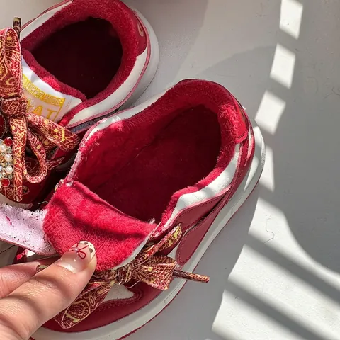 Toddler Winter First Walkers Fleece Lined Warm Sneakers Red White Color Block Embroidered Rhinestone Baby Walking Shoes