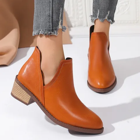 Dames Microvezel Leer Spitse Neus V-snede Enkellaarsjes Lage Blokhak Instappers Martin Boots Mode Effen Kleur Grote Maten Schoenen