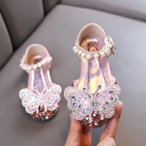 Girls Princess Shoes Rhinestone Butterfly Decor Artificial Pearl Strap Sequin Dance Performance Party Shoes For Toddlers Kids