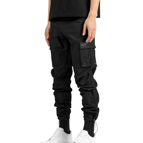 Men Casual Cargo Pants Loose Fit Multi Pocket Joggers Polyester Cuffed Work Trousers Hip Hop Streetwear Men Long Bottoms