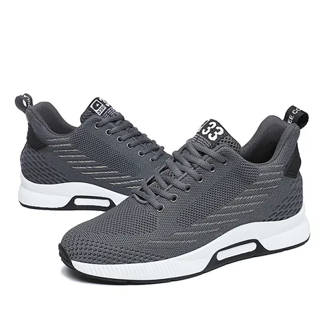 Men's Breathable Linen Flyknit Running Shoes Invisible Height Increasing Casual Sports Sneakers Lace Up Non Slip Wear Resistant Lightweight Fashion Footwear Grey