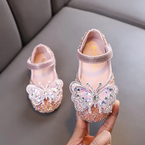 Girls Princess Rhinestone Mary Jane Shoes Butterfly Decor Sparkling Wedding Party Performance Dress Shoes For Kids