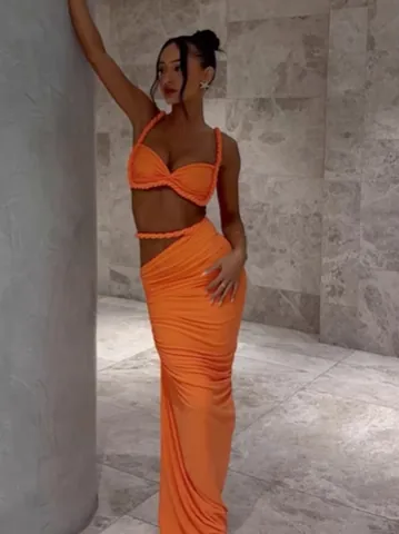 Women Sexy Backless Ruched Top And Maxi Skirt Set Gradient Printed Bodycon Two Piece Outfits For Summer Club Party Streetwear