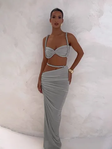 Women Sexy Backless Ruched Top And Maxi Skirt Set Gradient Printed Bodycon Two Piece Outfits For Summer Club Party Streetwear