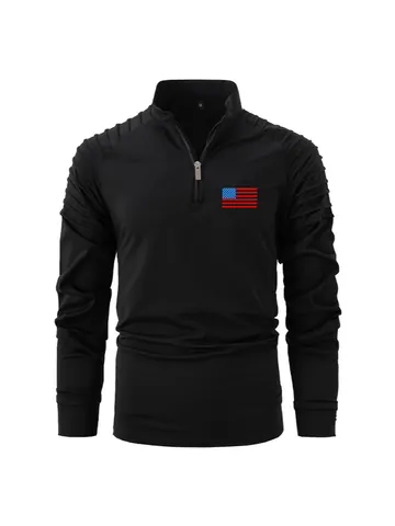 Men Casual Long Sleeve Polo Shirt Stand Collar Zipper Pleated Arm Design Polyester Top For Sports Daily Wear