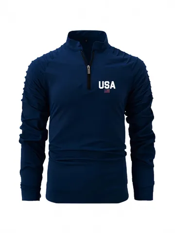 Polo Informal de Manga Larga para Hombre con Cremallera de Cuarto Cuello Alto Poliéster Manga Plisada Estampado de USA Top Deportivo de Primavera Otoño