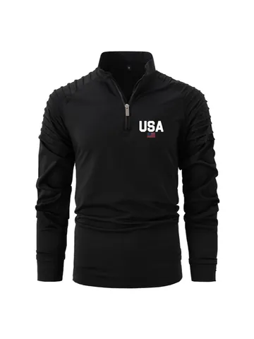 Polo Informal de Manga Larga para Hombre con Cremallera de Cuarto Cuello Alto Poliéster Manga Plisada Estampado de USA Top Deportivo de Primavera Otoño