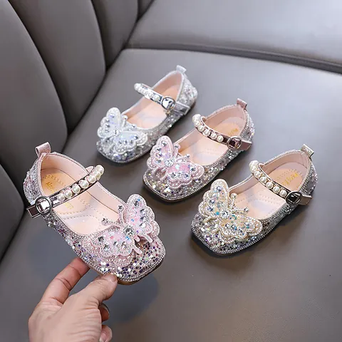 Girls Princess Dress Shoes Rhinestone Bow Sparkling Glitter Mary Jane Flats With Artificial Pearl Strap For Party Dance
