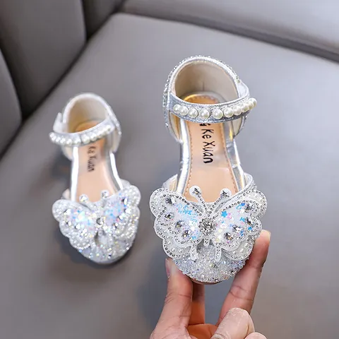 Girls Princess Shoes Rhinestone Bow Sparkling Performance Shoes With Artificial Pearl Strap Elegant Wedding Dance Leather Flats For Kids