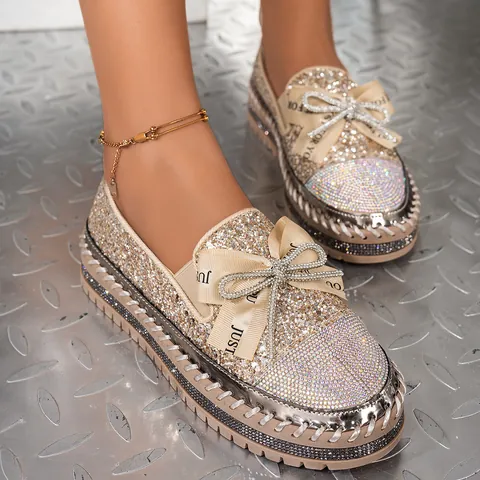 Mocassini da Donna con Strass e Paillettes Suola Spessa Scarpe Platform Slip-On con Fiocco Scarpe Basse Casual per Camminare Taglie Forti