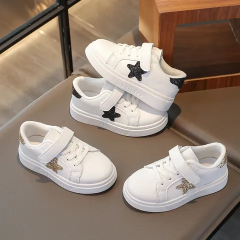 Kids White PU Leather Sneakers For Boys Girls 2025 Spring New Sequined Star Fashion Board Shoes Casual Children Flat Shoes With Hook and Loop Non-slip Soft Rubber Sole