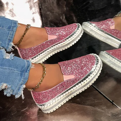 Women's Slip-On Platform Loafers Sequined Cloth Rhinestone Bling Sparkly Comfortable Casual Walking Flats Shoes