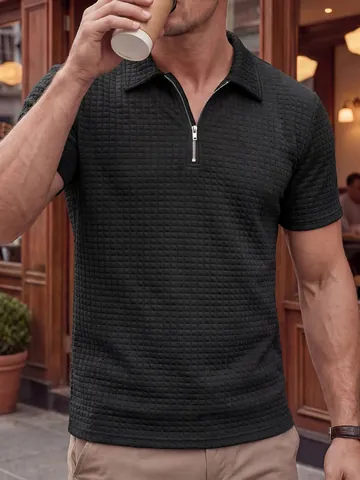 Ανδρικό Casual Αθλητικό Μπλουζάκι Polo Μισό Φερμουάρ Κοντό Μανίκι Πλέξη Βάφλας Μονόχρωμο Μόδα Καλοκαίρι