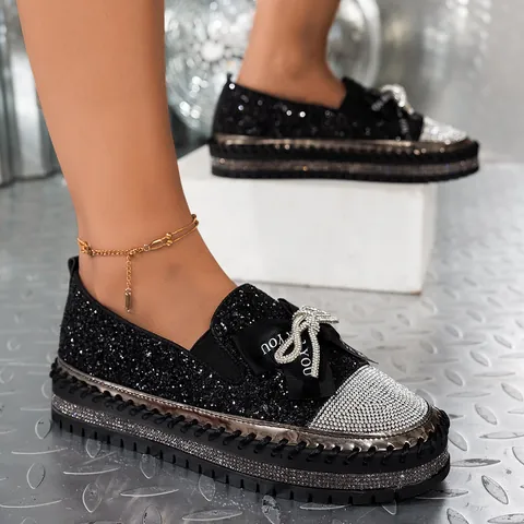 Mocassini da Donna con Strass e Paillettes Suola Spessa Scarpe Platform Slip-On con Fiocco Scarpe Basse Casual per Camminare Taglie Forti