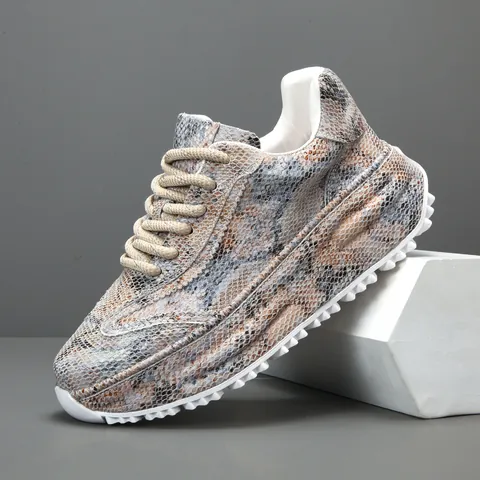 Chaussures Dad Shoes pour Hommes en Cuir de Vachette Motif Serpent Semelle Épaisse Baskets Chunky Mode Décontractée
